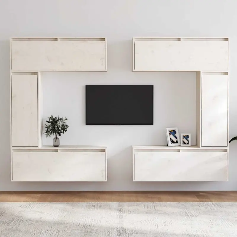 Szafki pod TV, 6 szt., białe, lite drewno sosnowe
