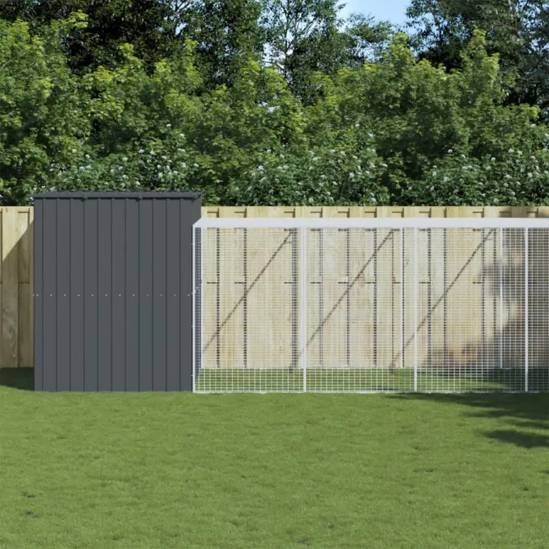 Buda dla psa, z wybiegiem, antracytowa, 214x661x181 cm, stal