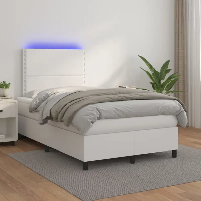 Łóżko kontynentalne z materacem i LED, biała ekoskóra 120x200cm