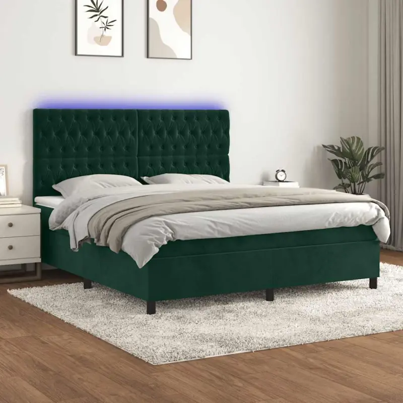 Łóżko kontynentalne z materacem i LED zielony aksamit 180x200cm
