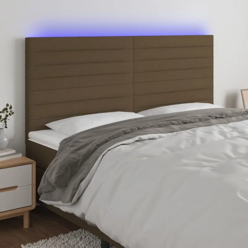 Zagłówek do łóżka z LED ciemnobrązowy 200x5x118/128 cm tkanina