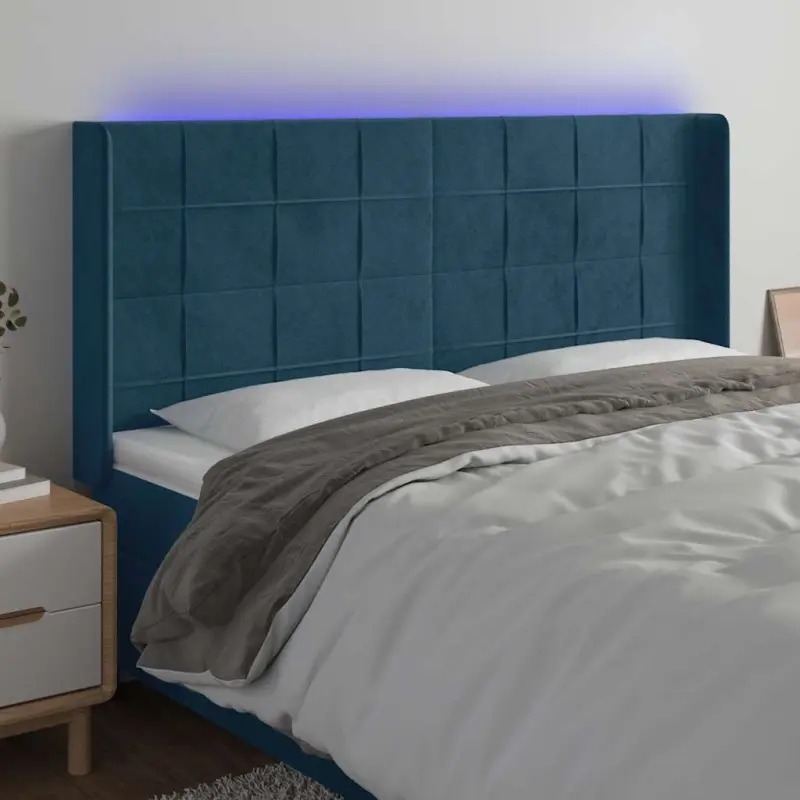 Zagłówek do łóżka z LED ciemnoniebieski, 203x16x118/128 cm