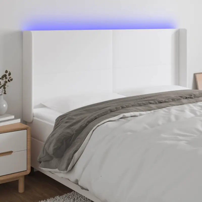 Zagłówek do łóżka z LED, biały, 203x16x118/128cm sztuczna skóra