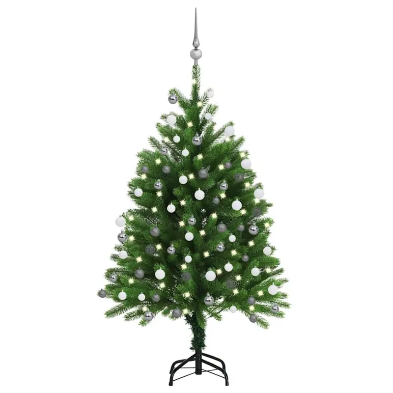 Sztuczna choinka z lampkami i bombkami, 120 cm, zielona