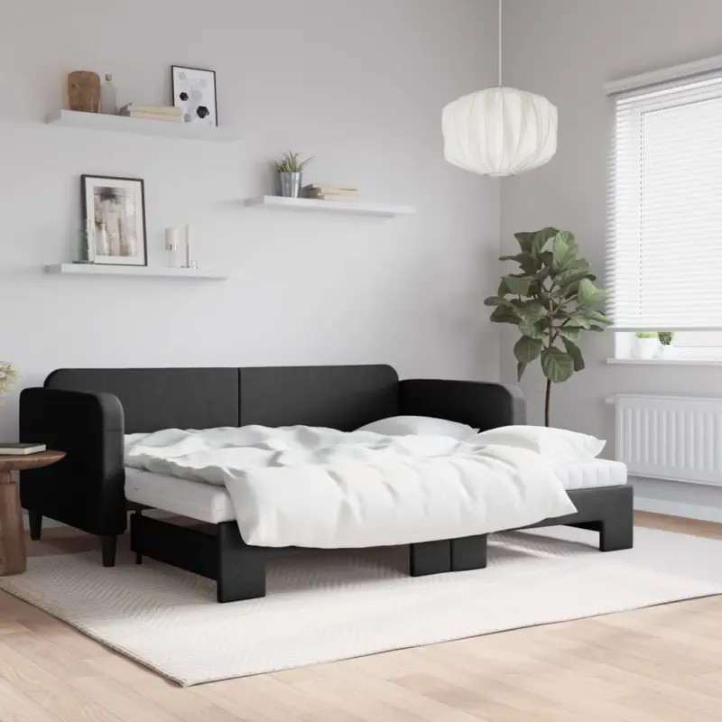 Sofa rozsuwana z materacami, czarna, 90x190 cm, tkanina