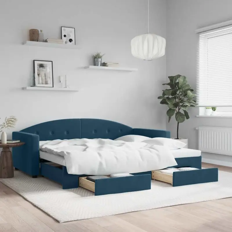 Sofa rozsuwana z szufladami, niebieska, 90x200 cm, aksamit