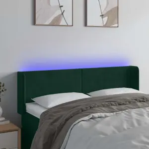 Zagłówek do łóżka z LED, ciemnozielony, 147x16x78/88cm, aksamit