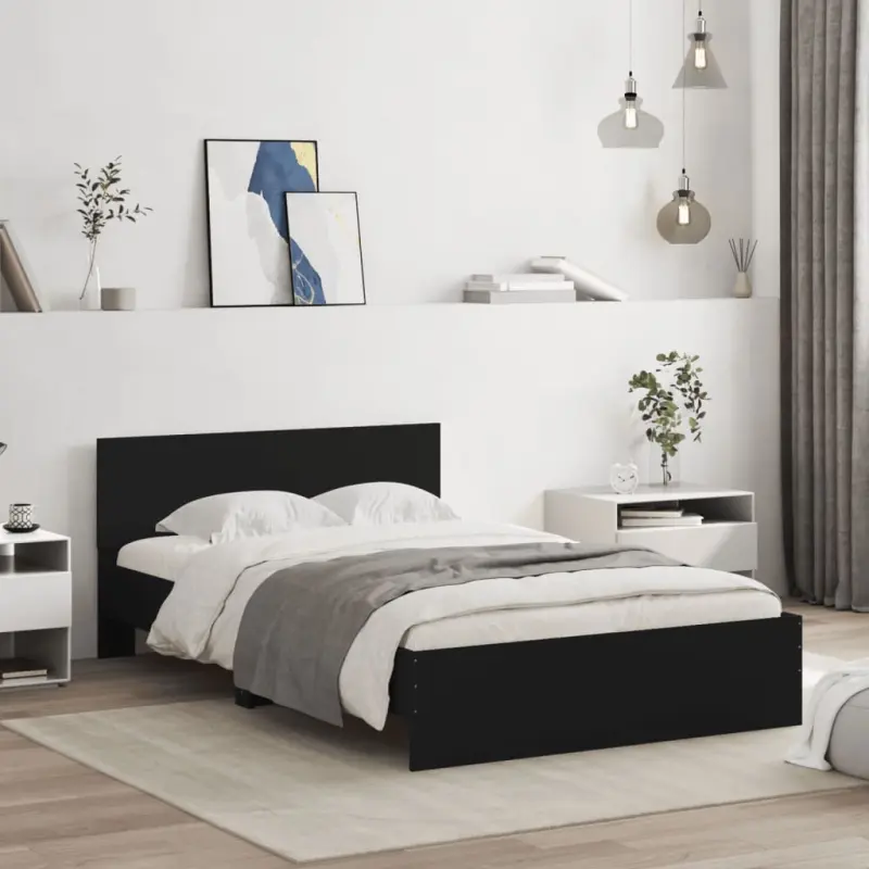Rama łóżka z wezgłowiem i LED, czarna, 135x190 cm