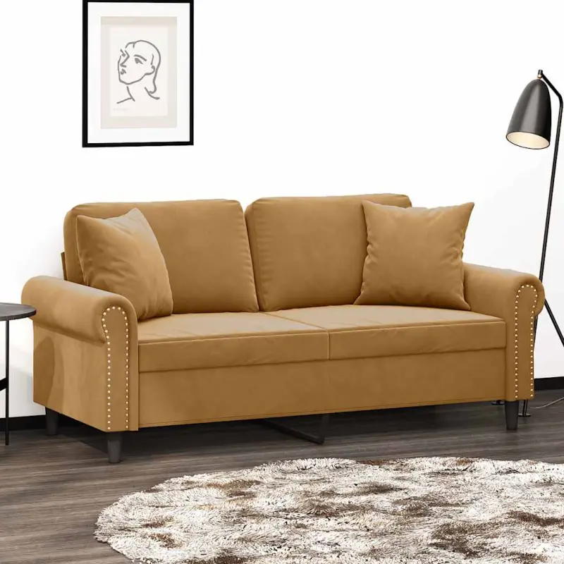2-osobowa sofa z poduszkami, brązowa, 140 cm, aksamit