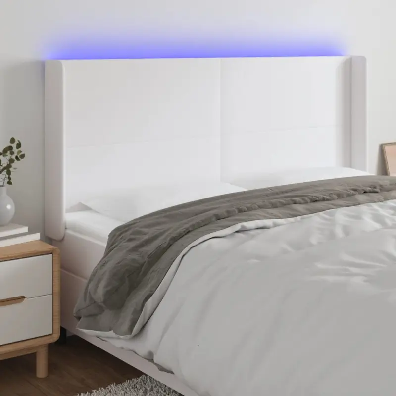 Zagłówek do łóżka z LED, biały, 163x16x118/128cm sztuczna skóra