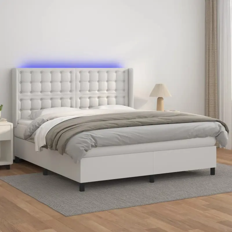 Łóżko kontynentalne z materacem i LED, biała ekoskóra 180x200cm
