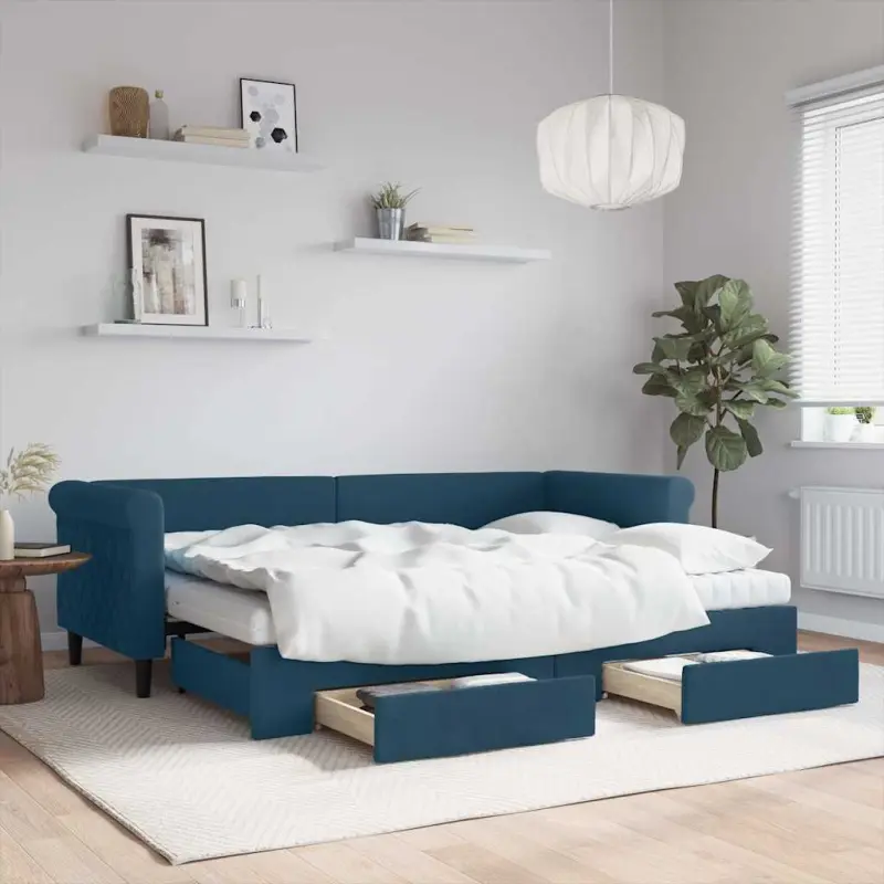 Sofa rozsuwana z szufladami, niebieska, 80x200 cm, aksamit