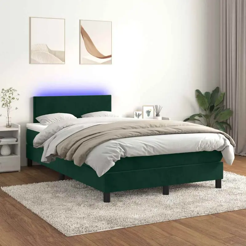 Łóżko kontynentalne z materacem i LED zielony aksamit 120x200cm
