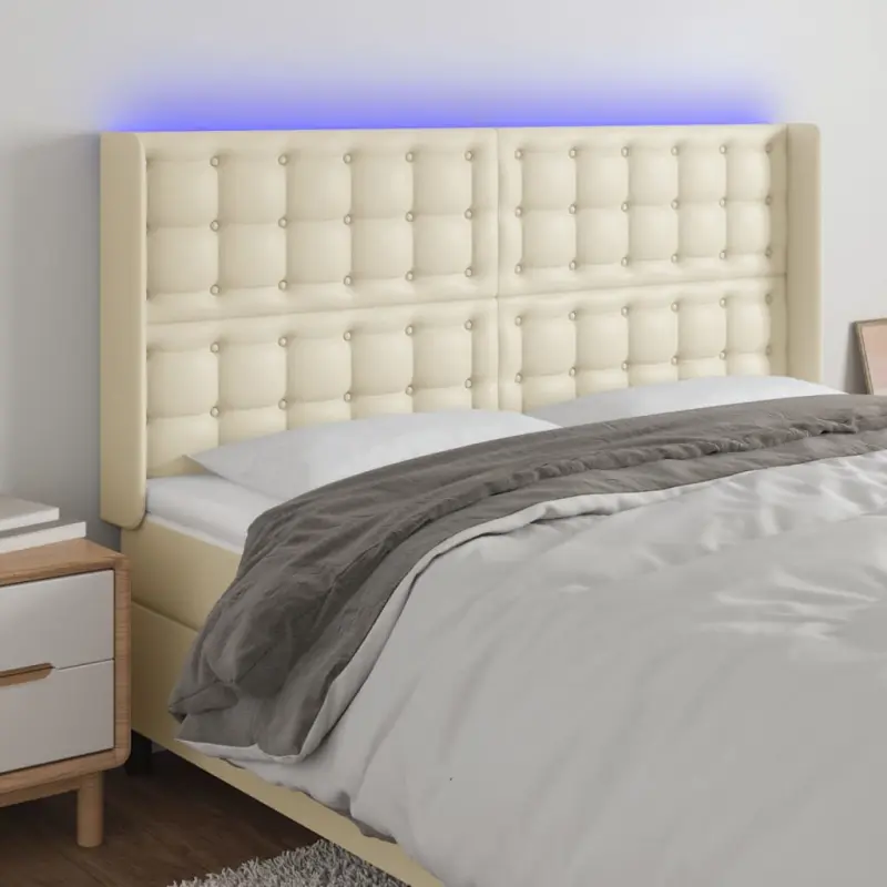 Zagłówek do łóżka z LED kremowy 163x16x118/128cm sztuczna skóra