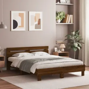 Rama łóżka z wezgłowiem i LED, brązowy dąb, 150x200 cm