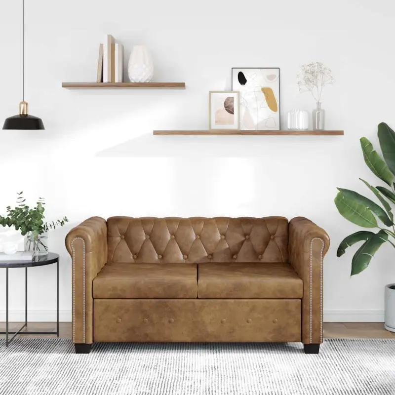 Dwuosobowa sofa Chesterfield ze sztucznej skóry, brązowa