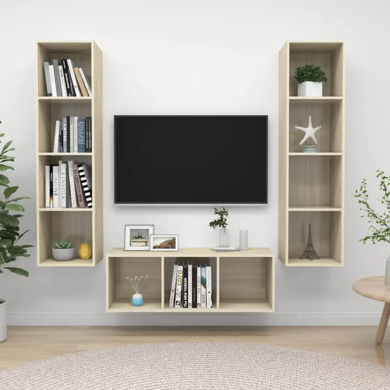 3-cz. zestaw szafek TV, wysoki połysk, dąb sonoma