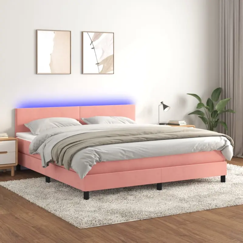 Łóżko kontynentalne z materacem i LED, różowy aksamit 160x200cm