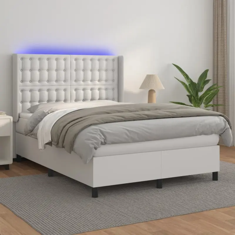 Łóżko kontynentalne z materacem i LED, biała ekoskóra 140x190cm