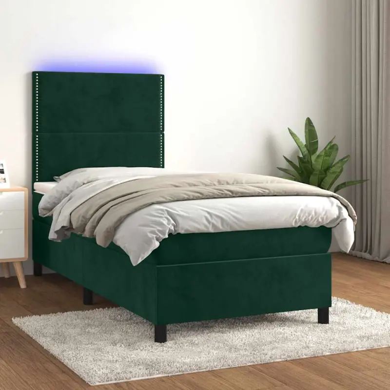 Łóżko kontynentalne z materacem i LED zielony aksamit 90x200 cm