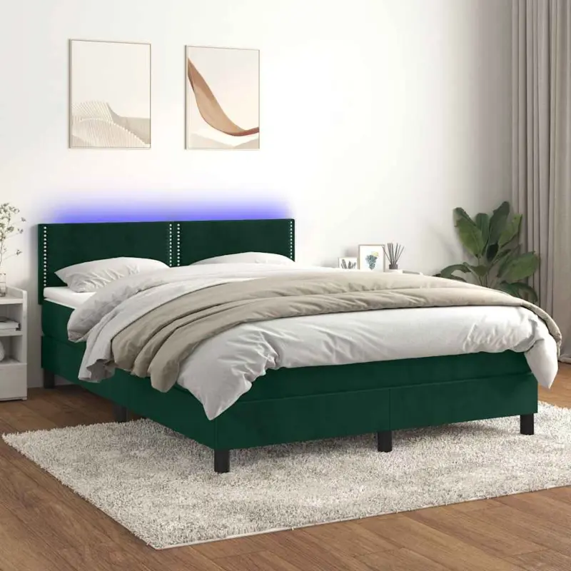 Łóżko kontynentalne z materacem i LED zielony aksamit 140x200cm