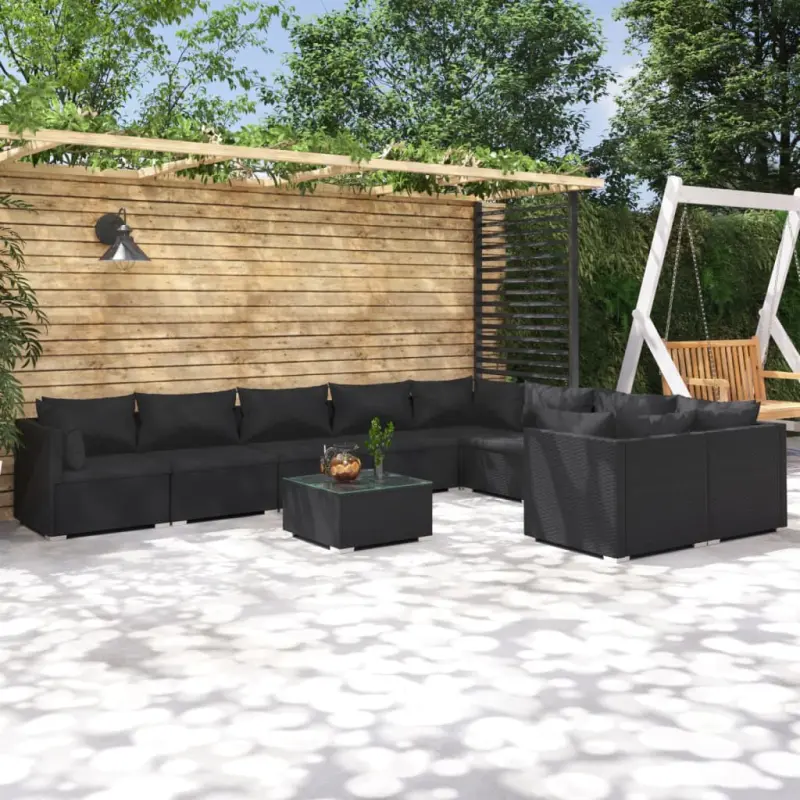 10-cz. zestaw mebli do ogrodu, poduszki, rattan PE, czarny