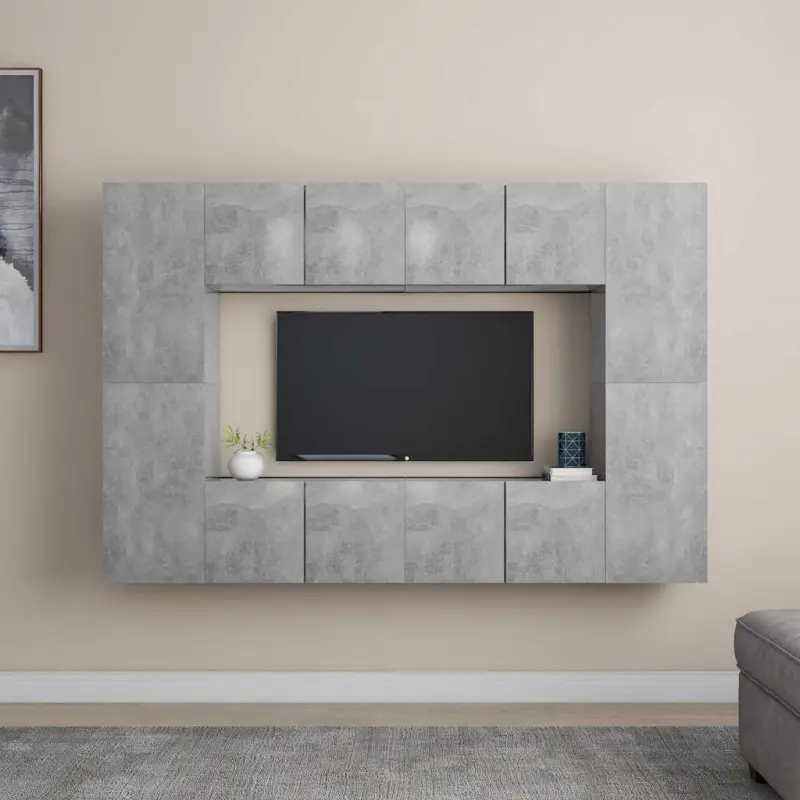 8-cz. zestaw szafek TV, szarość betonu, materiał drewnopochodny