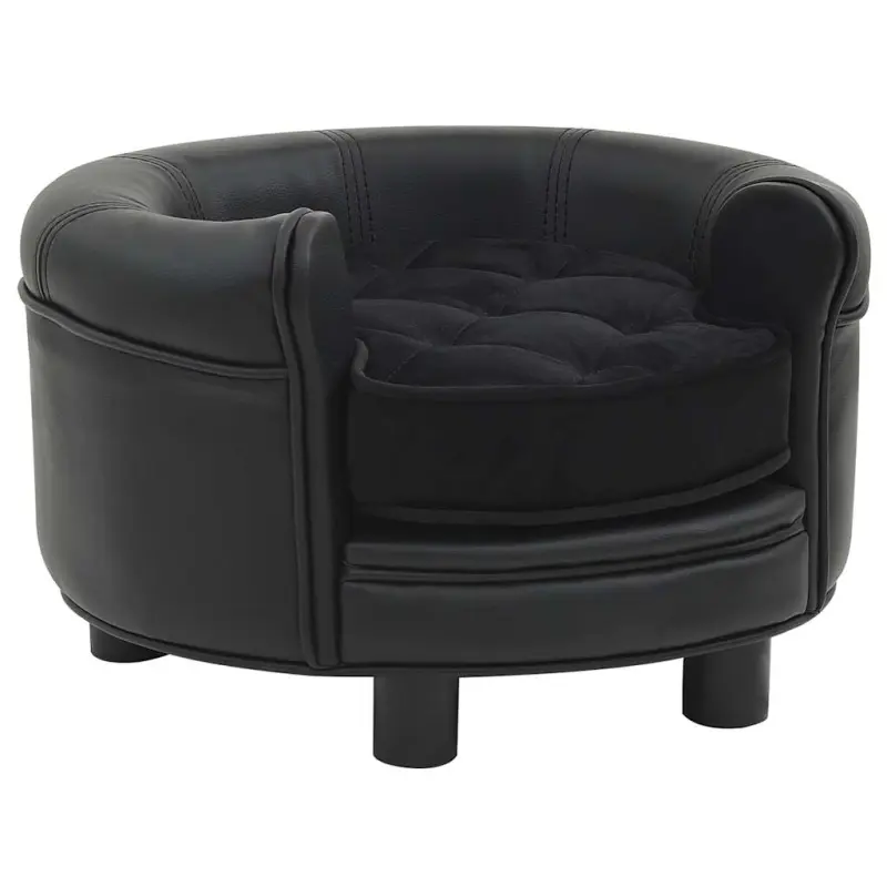 Sofa dla psa, czarna, 48x48x32 cm, plusz i sztuczna skóra