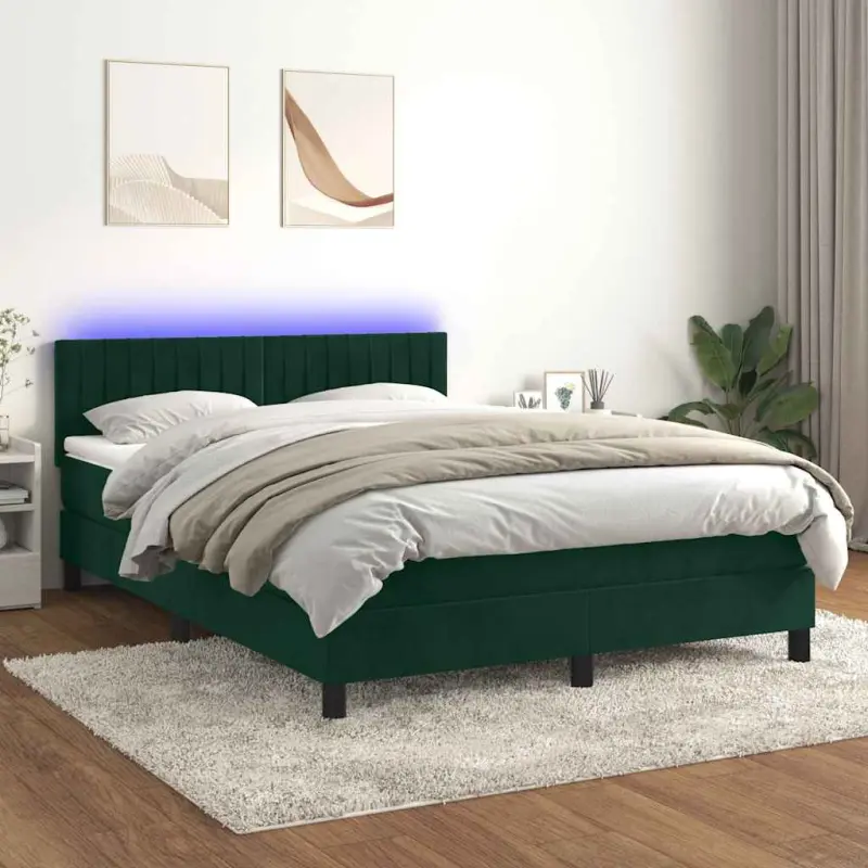 Łóżko kontynentalne z materacem i LED zielony aksamit 140x190cm