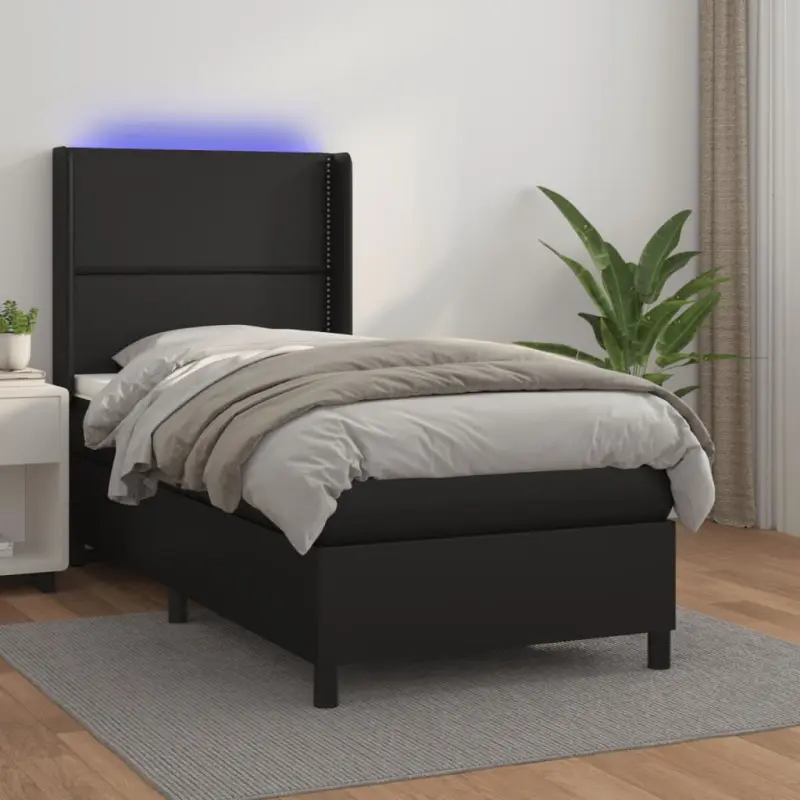 Łóżko kontynentalne z materacem i LED czarna ekoskóra 90x200 cm