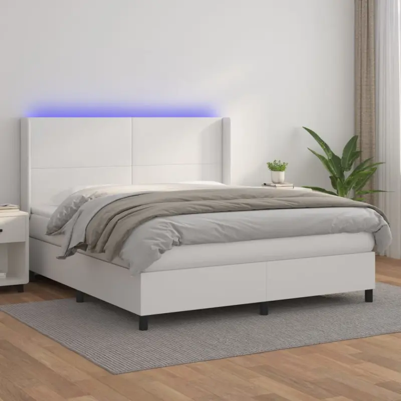 Łóżko kontynentalne z materacem i LED, biała ekoskóra 160x200cm
