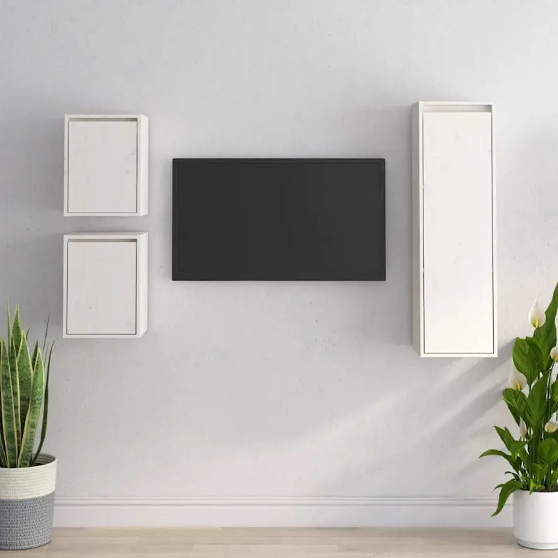 Szafki pod TV, 3 szt., białe, lite drewno sosnowe