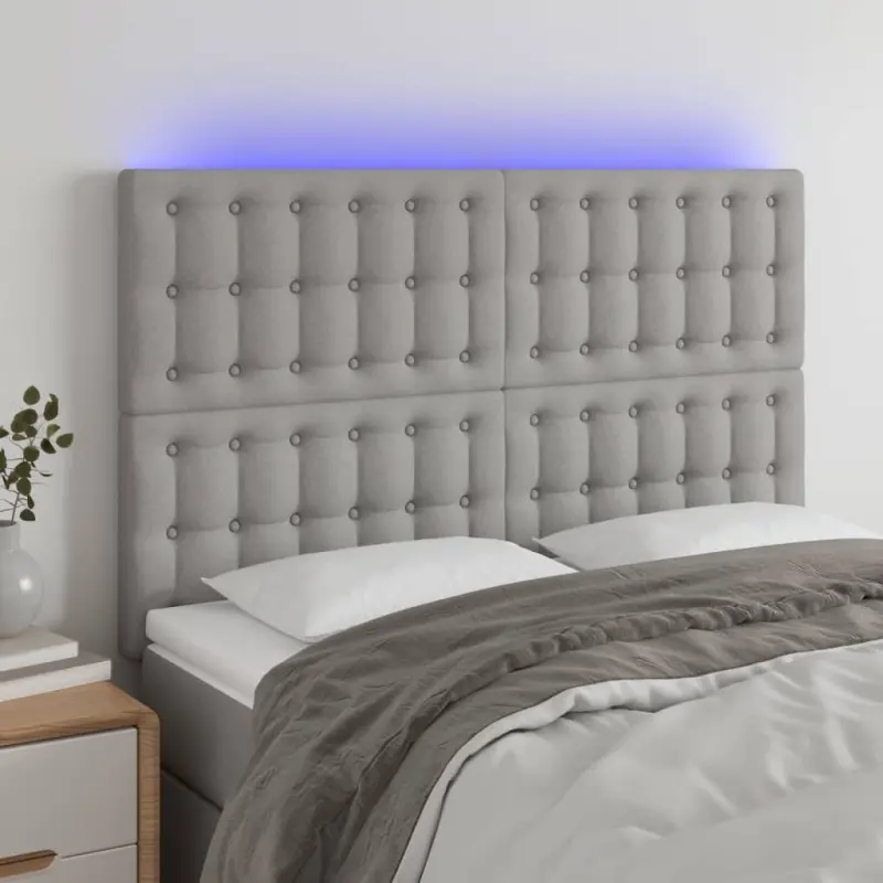 Zagłówek do łóżka z LED, jasnoszary, 144x5x118/128 cm, tkanina
