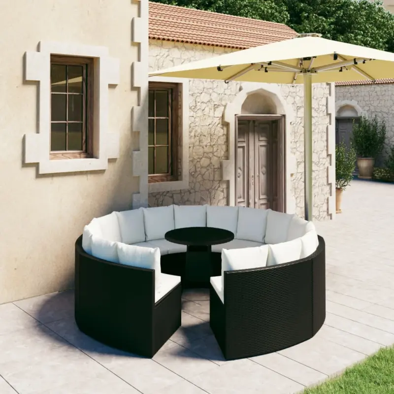 9-częściowa sofa ogrodowa z poduszkami, rattan PE, czarna