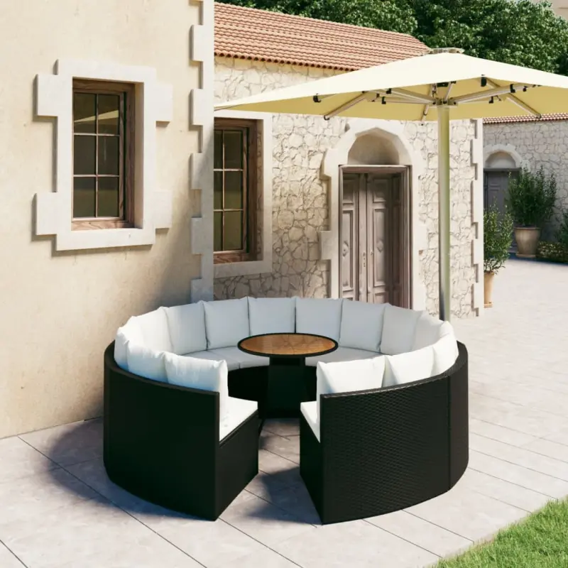 9-częściowa sofa ogrodowa z poduszkami, rattan PE, czarna