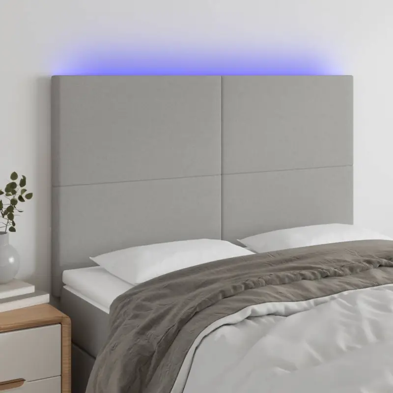 Zagłówek do łóżka z LED, jasnoszary, 144x5x118/128 cm, tkanina