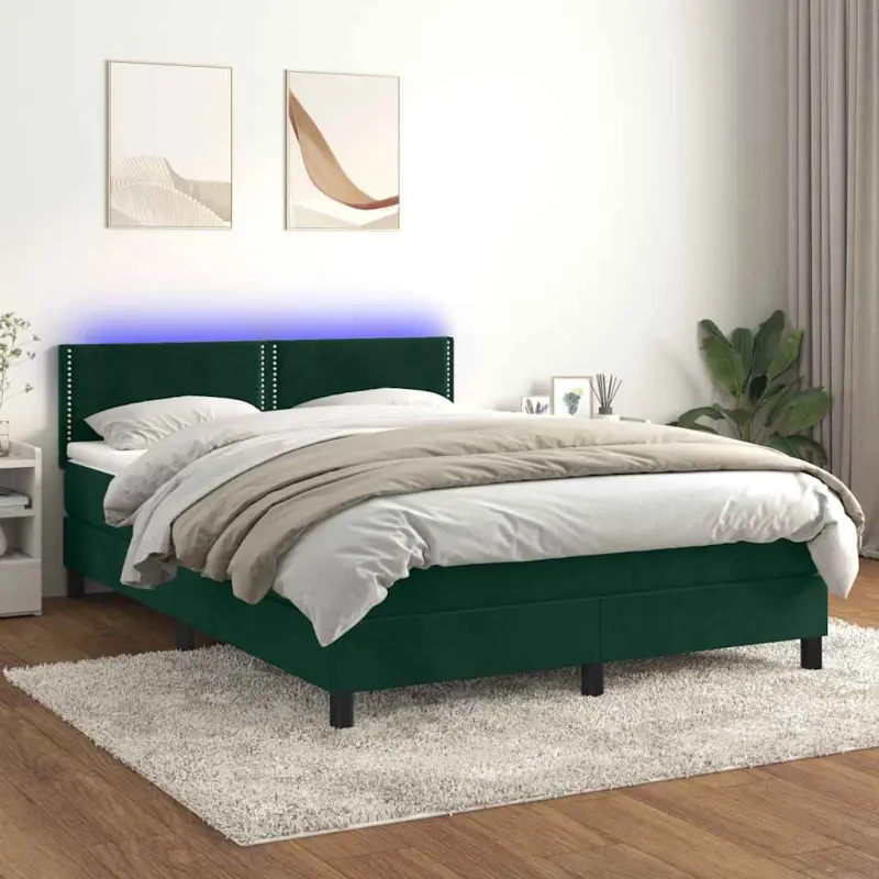 Łóżko kontynentalne z materacem i LED zielony aksamit 140x190cm