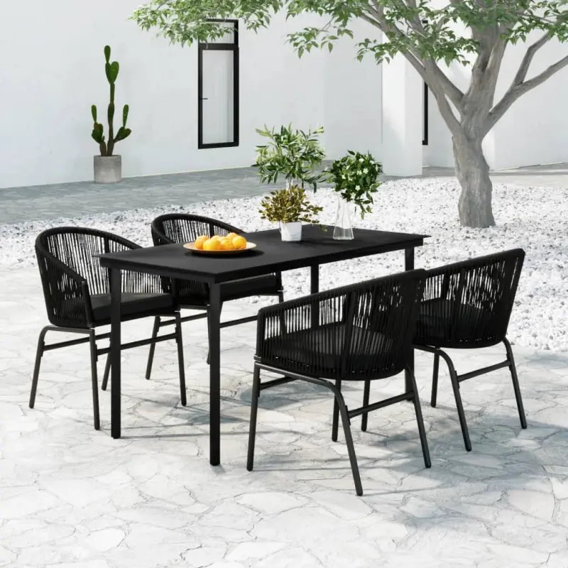 Meble ogrodowe 5-częściowe czarne z rattan PVC i stalowym blatem szklanym