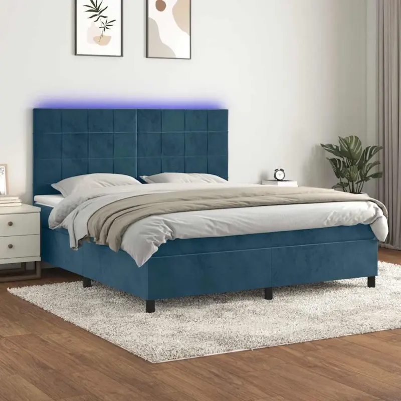 Łóżko kontynentalne, materac i LED, niebieski aksamit 160x200cm