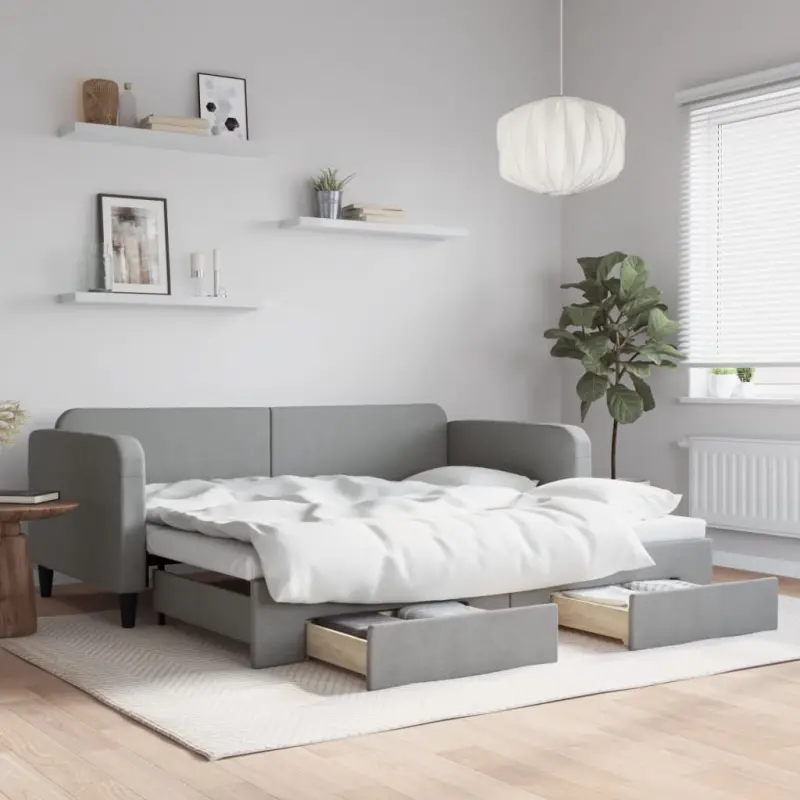 Sofa rozsuwana z szufladami, jasnoszara, 90x190 cm, tkanina