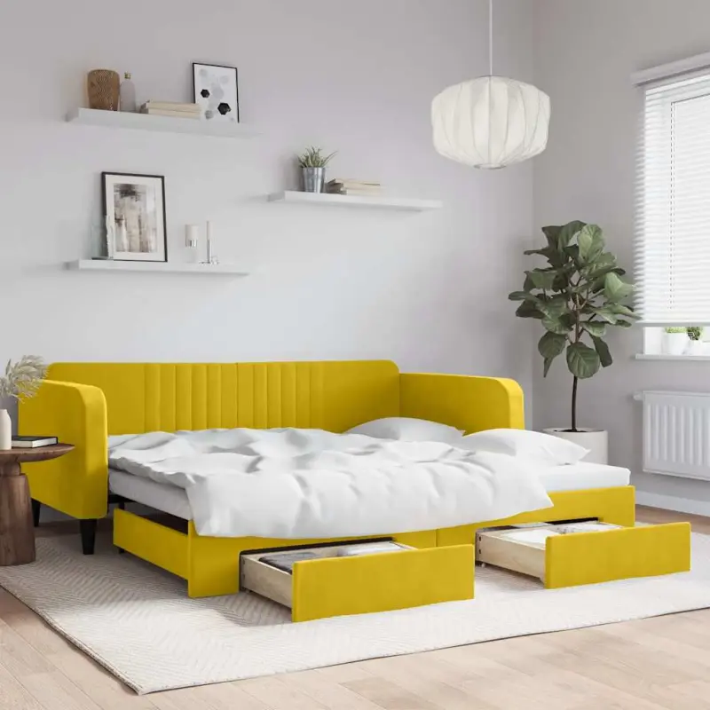 Sofa rozsuwana z szufladami, żółta, 100x200 cm, aksamit