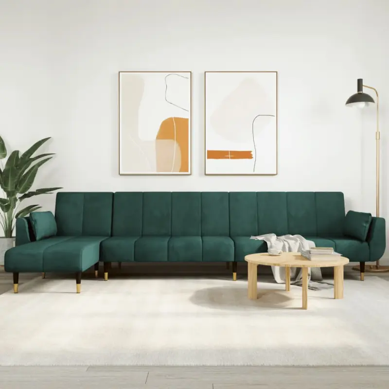 Sofa rozkładana L, ciemnozielona, 275x140x70 cm, aksamit