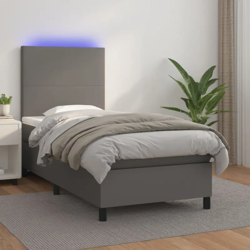 Łóżko kontynentalne z materacem i LED, szara ekoskóra 80x200 cm