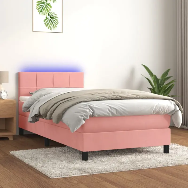 Łóżko kontynentalne z materacem i LED, różowy aksamit 100x200cm