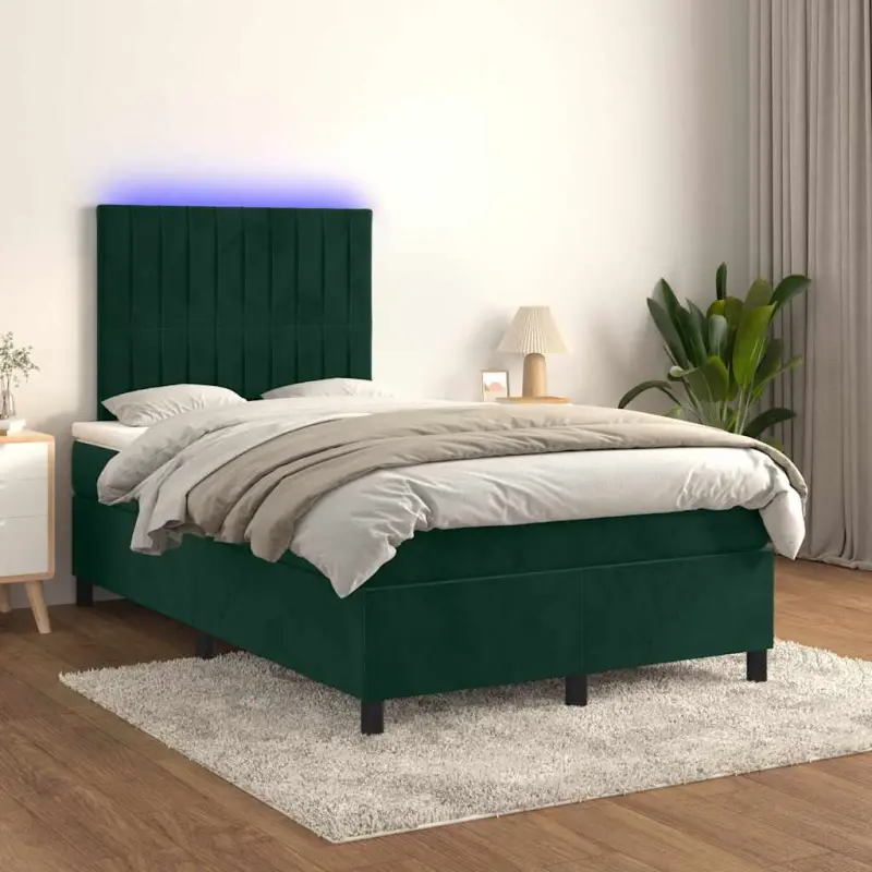 Łóżko kontynentalne z materacem i LED zielony aksamit 120x200cm