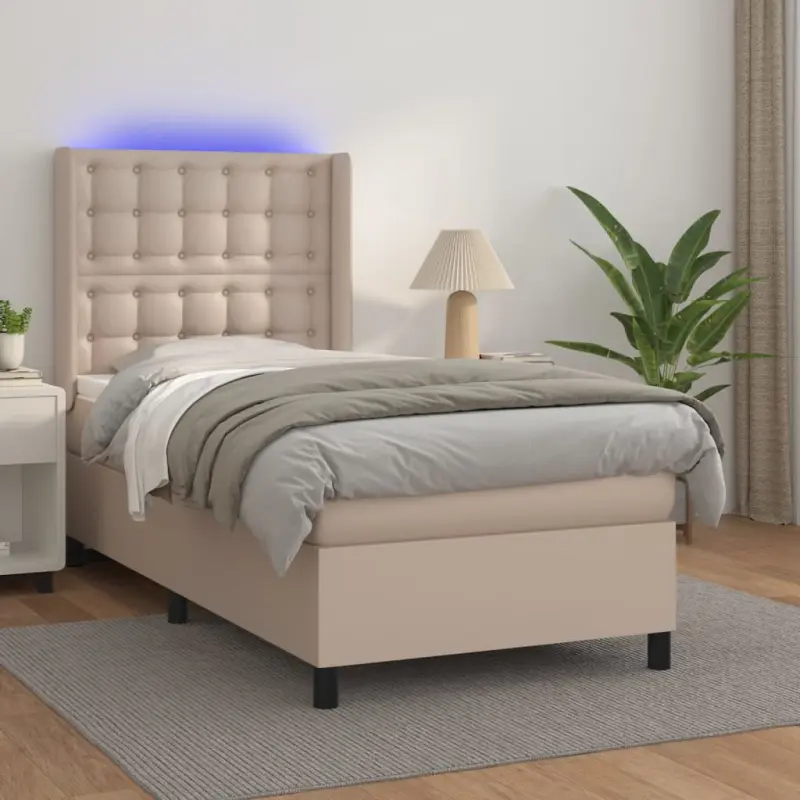 Łóżko kontynentalne, materac i LED cappuccino ekoskóra 80x200cm