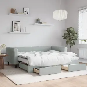 Sofa rozsuwana z szufladami, jasnoszara, 90x190 cm, aksamit