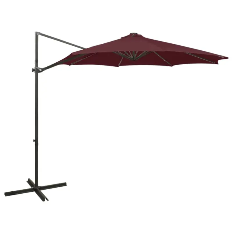 Parasol wiszący z LED i słupkiem, bordowy, 300 cm