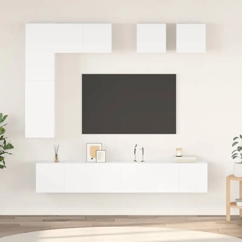 8-cz. zestaw szafek TV, biały, materiał drewnopochodny