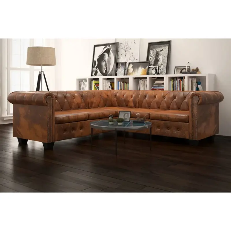 Sofa Chesterfield, pięcioosobowa, brązowa, sztuczna skóra